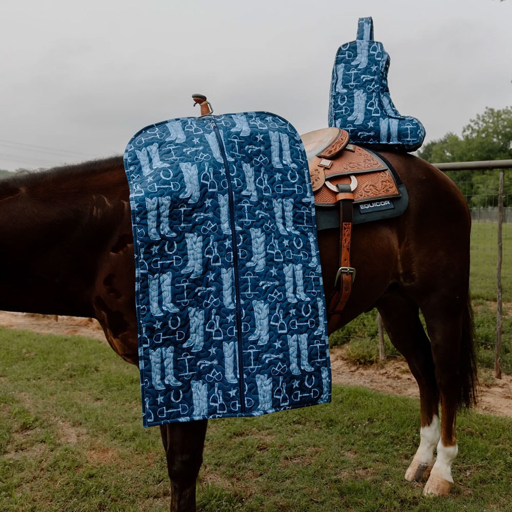 Featuring the Ida Mae Quilted Boot Bag in blue pattern and Ida Mae Quilted Garment Bag in blue pattern.