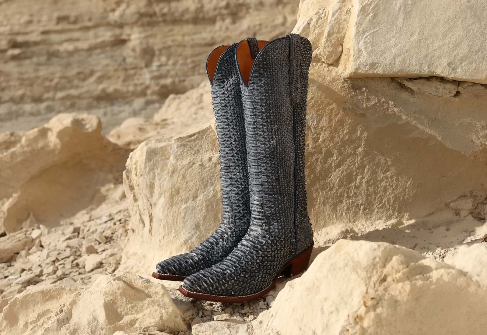 Sadie 15" Python western boots in dusty blue.