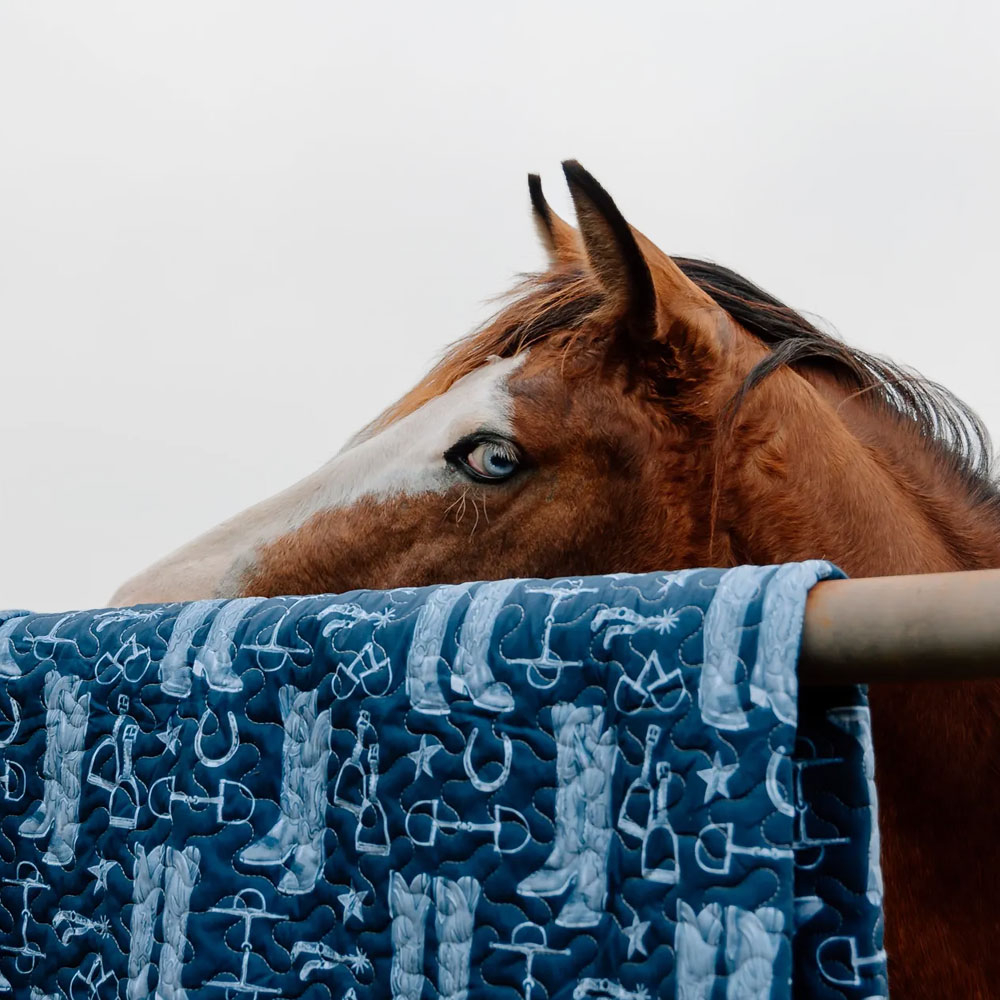 Horse standing behind a Ida Mae inspired blue quilt.