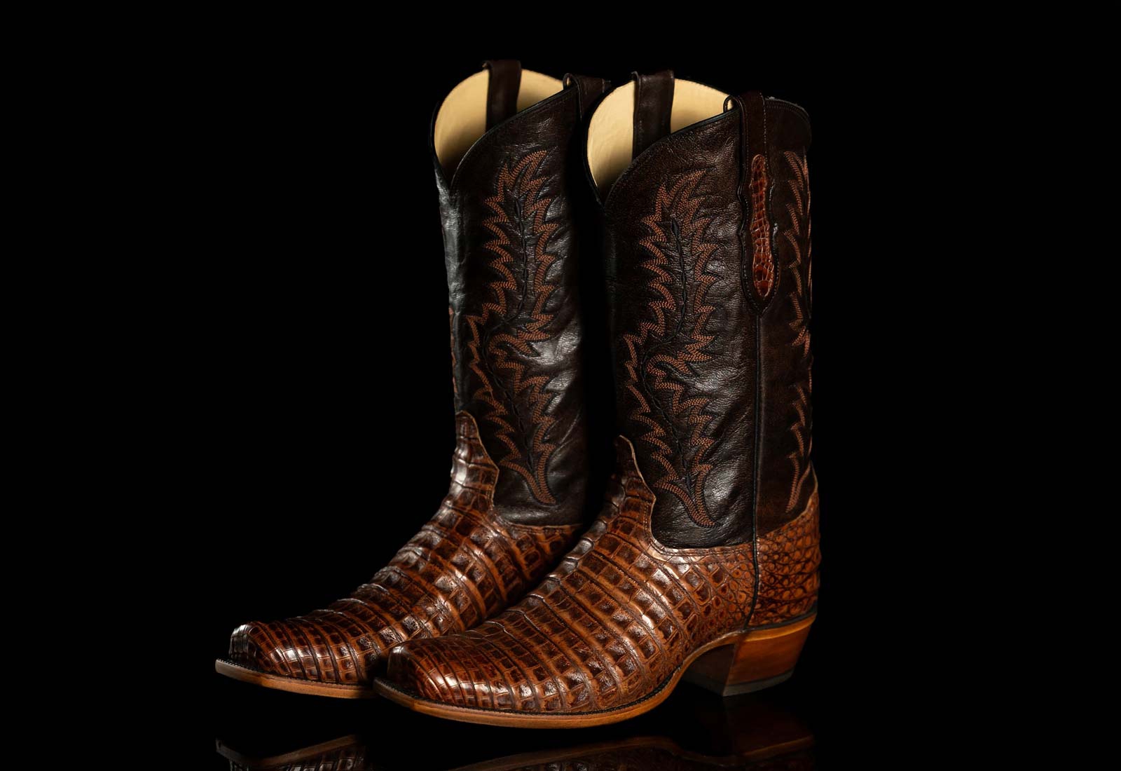 Milano 13" Caiman western boots in pecan brown.